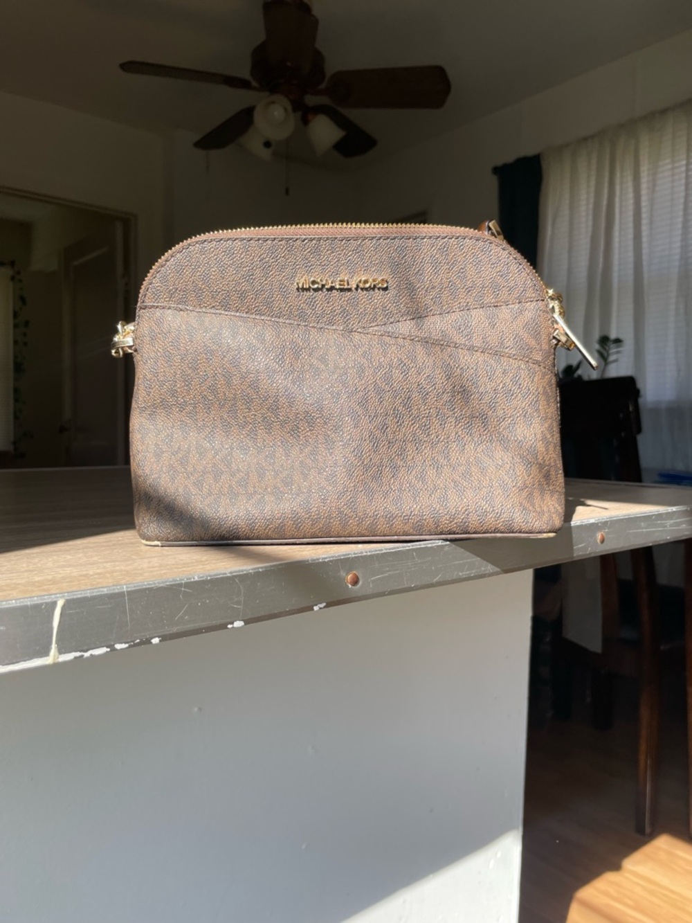 Michael Kors Brown Logo Dome Crossbody with Gold Hardware